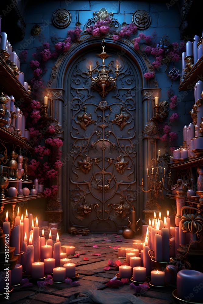 Interior of a church with candles and flowers. 3d rendering