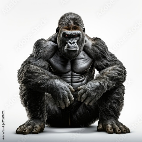 Intimidating silverback gorilla sitting against a white background, showcasing its muscular build and dominant presence.