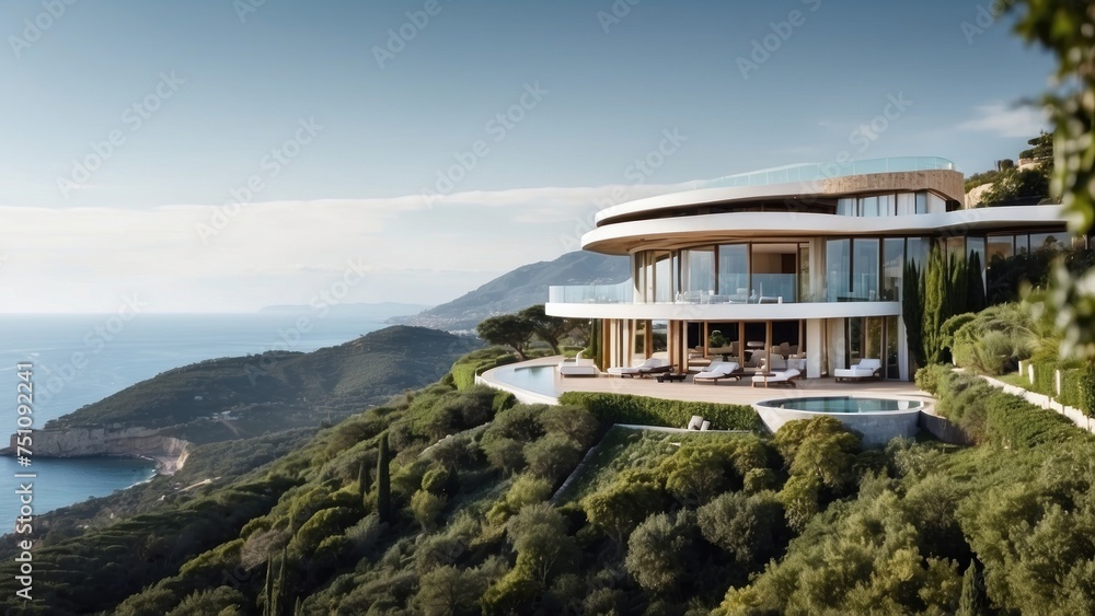 Obraz premium Describe the breathtaking view as you approach the modern villa, surrounded by lush Italian landscapes and the glittering Mediterranean in the distance