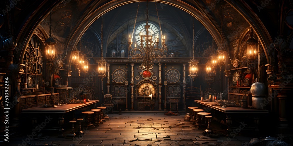3d rendering of a medieval gothic interior with a fireplace