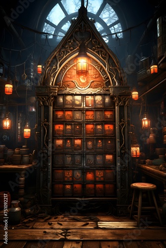 Mystical gothic interior with old door. 3D rendering