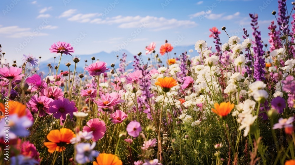 Field of colorful wildflowers The fields are in full bloom. It represents brightness. and vitality Field of colorful wildflowers The fields are in full bloom. It represents brightness. and vitality