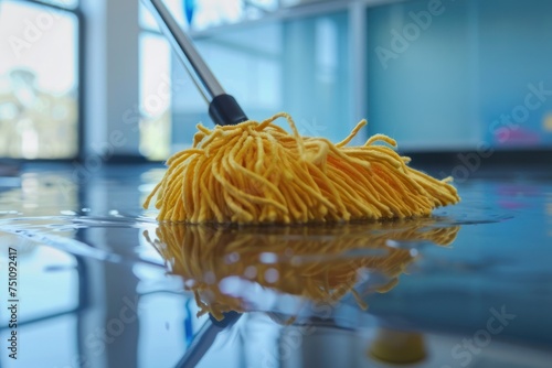 Closeup, mop, person mopping office floor, cleaner cleaning floor Professional cleaning team cleaning floors in modern office