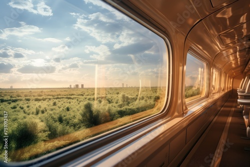 Electric train images reflect reducing air pollution  creating a brighter world.