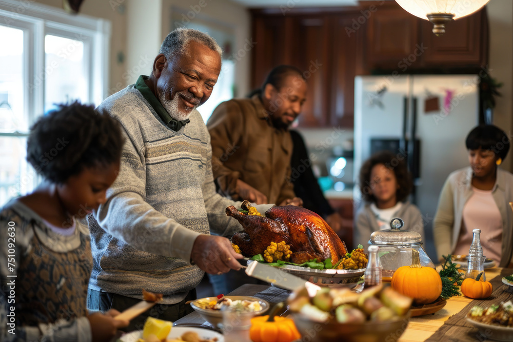 a father serving Thanksgiving turkey to his extended family at dining table