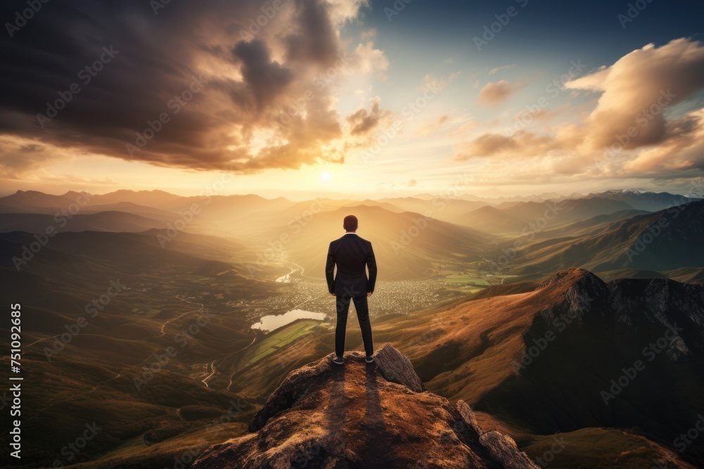 The entrepreneur is standing on the mountain top. Look at the beautiful scenery inspiration An entrepreneur who never stops Dream of success and inspire others. 