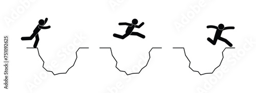 falling into a pit illustration, people jumping over a large ditch, stick figure man icon photo