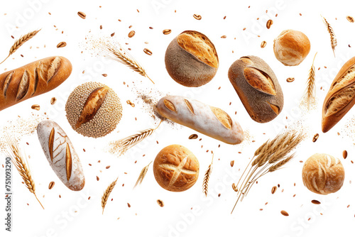 Various types of bread Flying wheat ears isolated on transparent background. photo