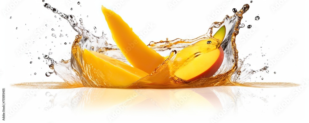 mango in water splash juice . white background - obrazy, fototapety, plakaty 