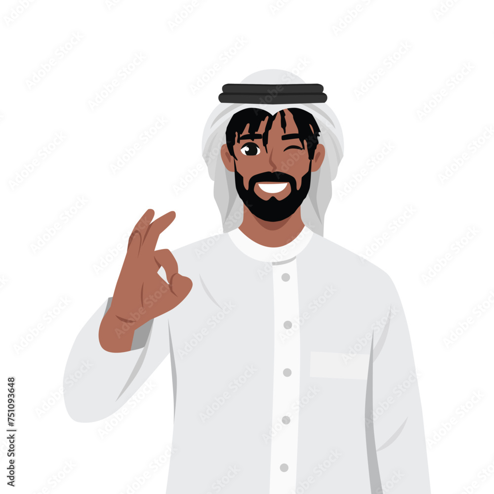 Young happy black arab muslim man giving okay hand sign. Flat vector illustration isolated on white background Young happy black arab muslim man giving okay hand sign. Flat vector illustration isolated on white background