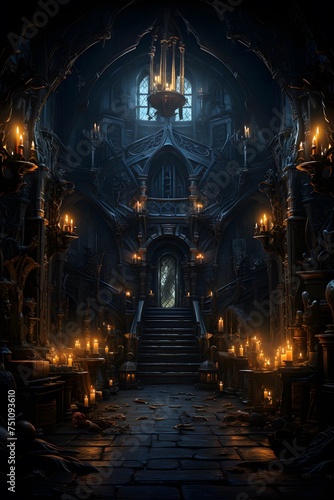 Mysterious gothic church interior. 3D rendering.