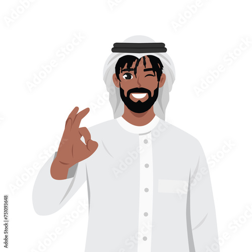 Young happy black arab muslim man giving okay hand sign.  Flat vector illustration isolated on white background