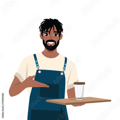 Young black man barista making coffee and serving of hot coffee in cafe.  Flat vector illustration isolated on white background