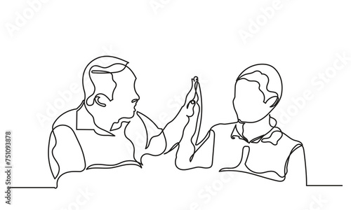 Continuous line drawing of the young father giving high-five to his son for success. Single line dad giving high five gesture. Father-son happy moment isolated of white background.
