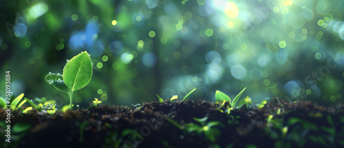 Seedling sapling growing in rich soil with magical light particles. New Life, Beginnings, Development, Nature and Environment background. Banner design.