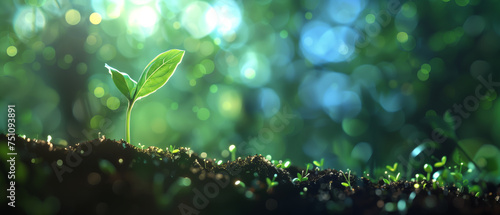 Young plant sapling growing in rich soil and green nature bokeh light on background. New Life, Beginnings, Development, Nature and Environment background. Banner design.