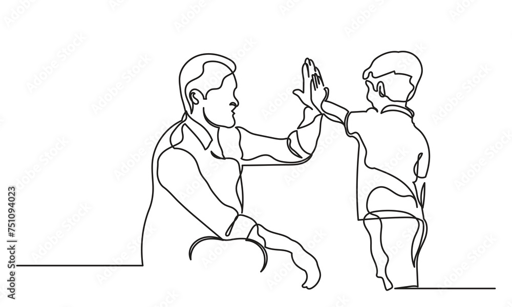 Continuous line drawing of the young father giving high-five to his son for success. Single line dad giving high five gesture. Father-son happy moment isolated of white background.
