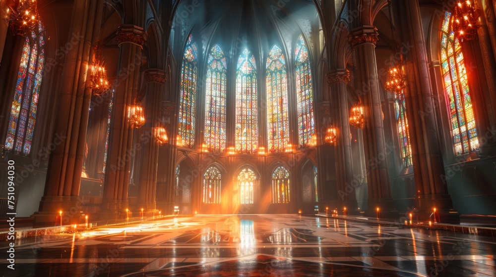 Gothic cathedral interior illuminated by stained glass windows and candlelight