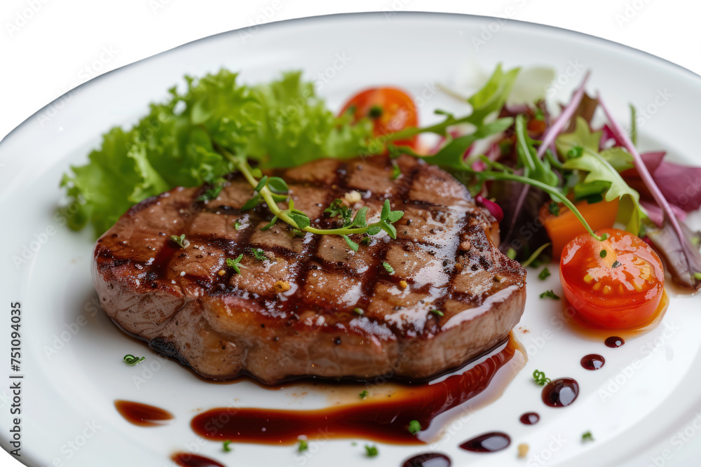 Top view of delicious grilled beef steak and rough potatoes with vegetable salad served on a plate on transparent background.