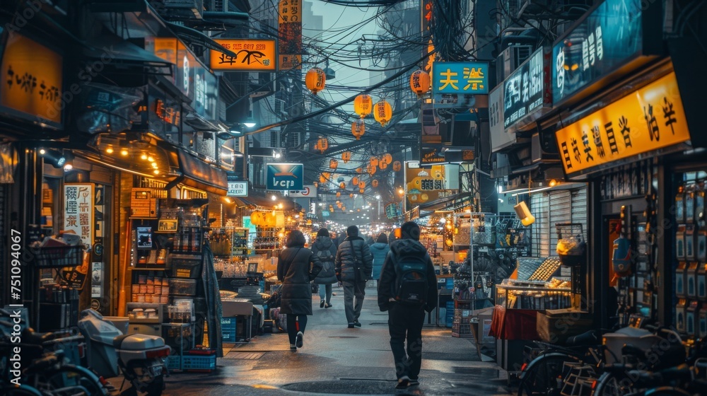 Gritty cyberpunk marketplace with vendors selling high-tech gadgets