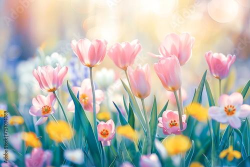 Blooming tulips and daffodils in spring light. Flowers and Springtime background. #751094089
