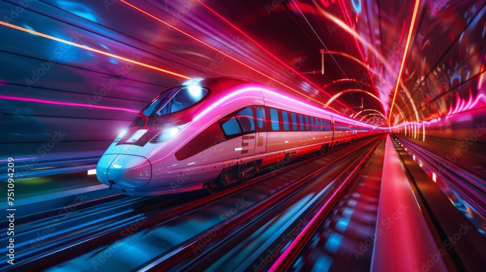 Racing through a neon-lit tunnel is a high-speed futuristic train Racing through a neon-lit tunnel is a high-speed futuristic train