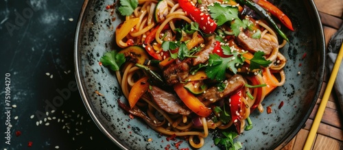 A plate filled with savory buckwheat noodles, tender pork slices, vibrant vegetables, and fragrant herbs. The combination of buckwheat noodles, pork, vegetables, and herbs creates a delectable and
