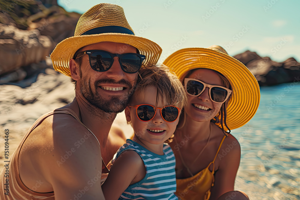 Happy family enjoying the sea beach with sunglasses hat, Summer travel vacation holiday concept