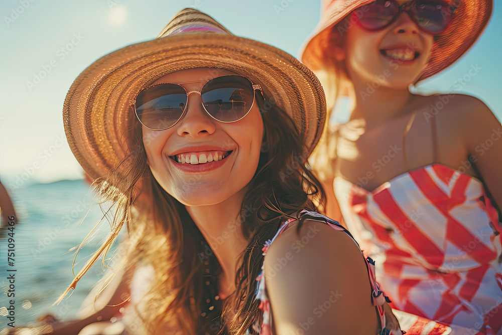 Happy family enjoying the sea beach with sunglasses hat, Summer travel vacation holiday concept Happy family enjoying the sea beach with sunglasses hat, Summer travel vacation holiday concept