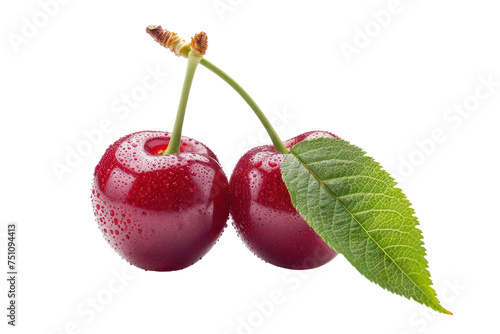 Cherry fruit. Fresh cherries with stem and leaves isolated on transparent background.