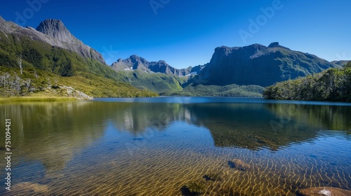 A serene mountain lake with crystal-clear water  reflecting the surrounding peaks and the endless blue sky.