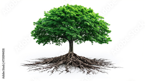  Green Tree with Exposed Roots on White Background