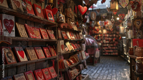 Greeting card aisles are filled with rows and rows of cards each one adorned with romantic messages and adorned with images of hearts Cupid and other symbols of love. © Justlight