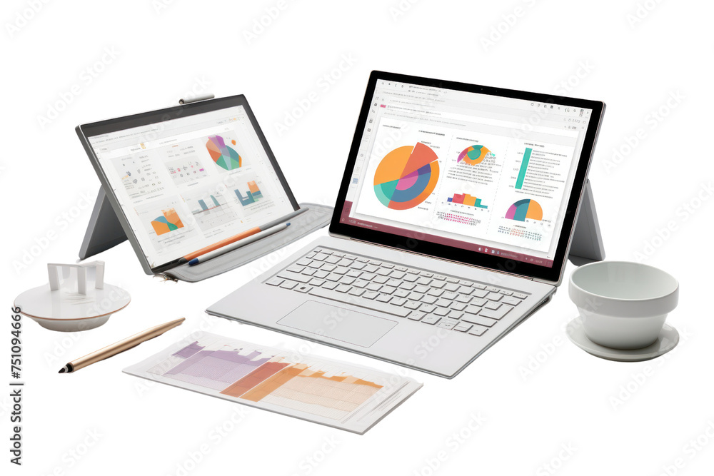 A laptop sits on the table with a stack of documents, pens, and a smartphone. Isolated on a transparent background. Laptop screen displays graphic showing growth Style: Modern, Airy, Professional A laptop sits on the table with a stack of documents, pens, and a smartphone. Isolated on a transparent background. Laptop screen displays graphic showing growth Style: Modern, Airy, Professional