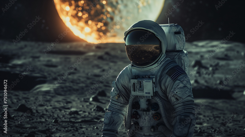 Spaceman Standing on the Moon with Earth in Background, Photo-Realistic Landscape, Space Collage Spaceman Standing on the Moon with Earth in Background, Photo-Realistic Landscape, Space Collage