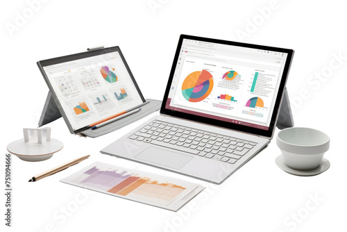 A laptop sits on the table with a stack of documents, pens, and a smartphone. Isolated on a transparent background. Laptop screen displays graphic showing growth Style: Modern, Airy, Professional