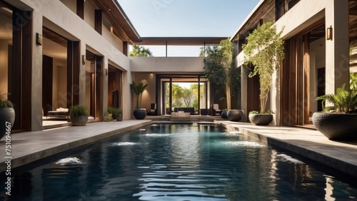 Integrate creative water features throughout the villa  such as reflecting pools  cascading waterfalls  or a contemporary fountain in the central courtyard