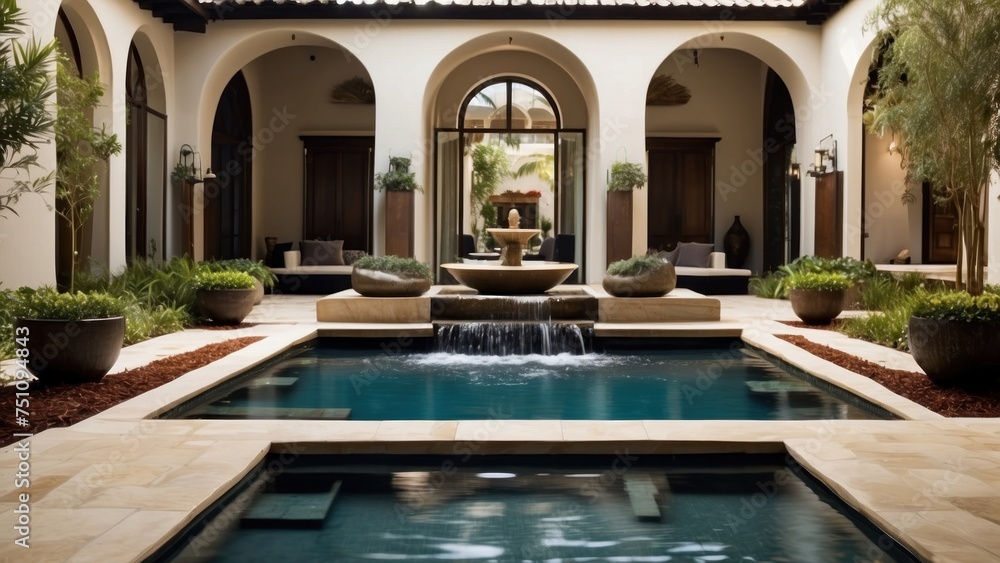 Integrate creative water features throughout the villa, such as reflecting pools, cascading waterfalls, or a contemporary fountain in the central courtyard - obrazy, fototapety, plakaty 
