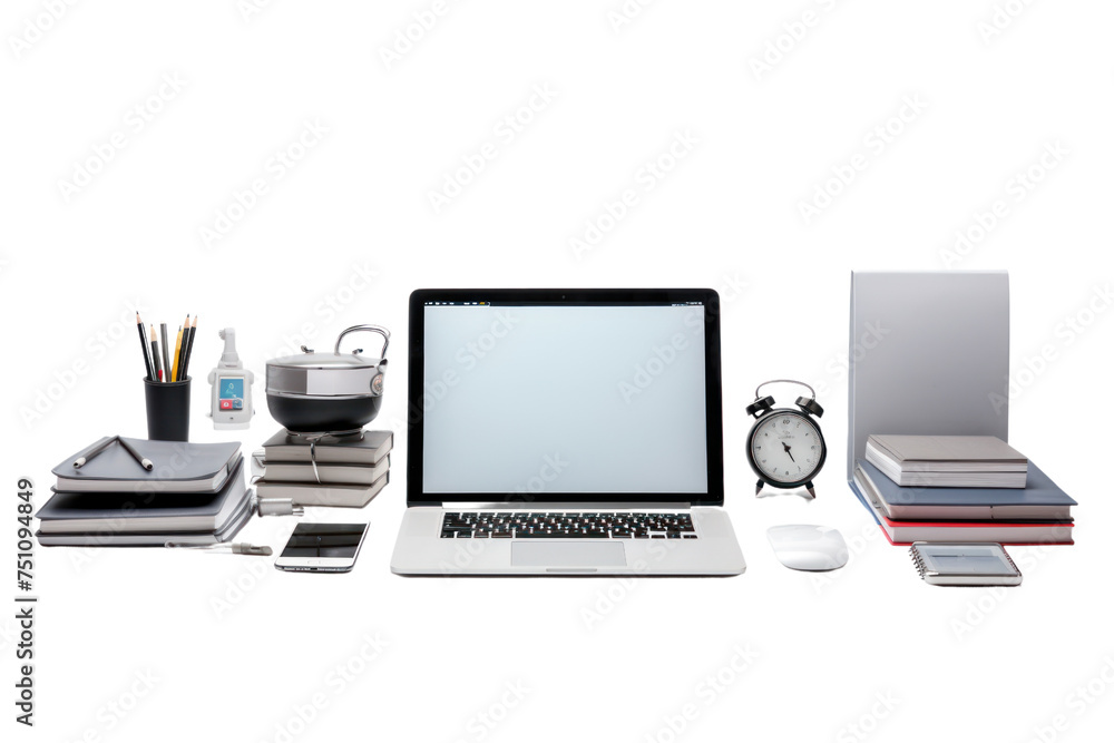 Laptop computer placed on a wooden table. Work equipment. Easy to carry. Work anywhere, anytime with a laptop computer. Isolated on transparent background. Laptop computer placed on a wooden table. Work equipment. Easy to carry. Work anywhere, anytime with a laptop computer. Isolated on transparent background.