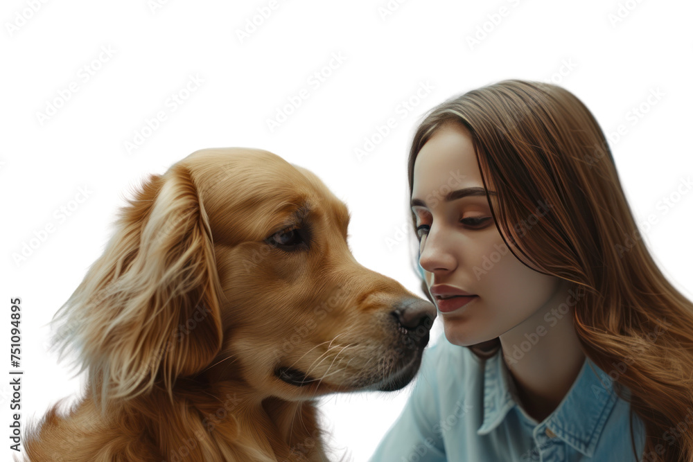 Young woman close up with her best friend retriever dog wearing casual clothes,Isolated on a transparent background.