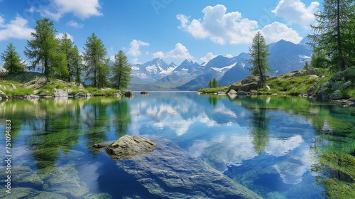 A serene mountain lake with crystal-clear water  reflecting the surrounding peaks and the endless blue sky.