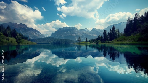 A serene mountain lake surrounded by untouched wilderness  reflecting the azure sky above.