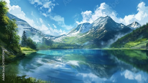 A serene mountain lake surrounded by untouched wilderness, reflecting the azure sky above.