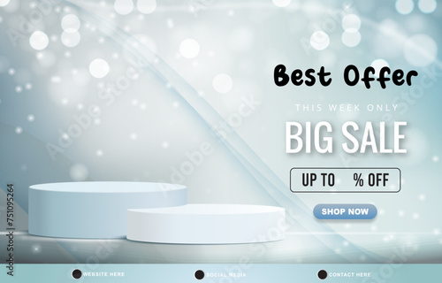 best offer big sale discount template banner with blank space 3d podium for product sale with abstract gradient blue and white background design