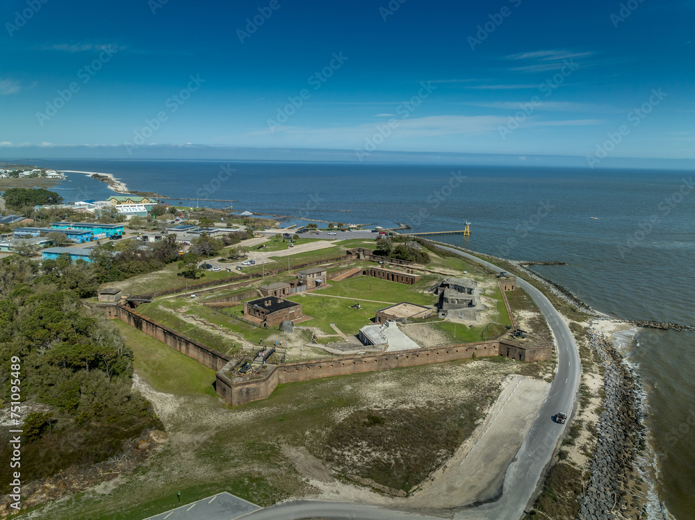 Aerial view of Fort Gaines, 19th century Endicott star shape brick military stronghold guarding the entrance to the Bay of Mobile Alabama
