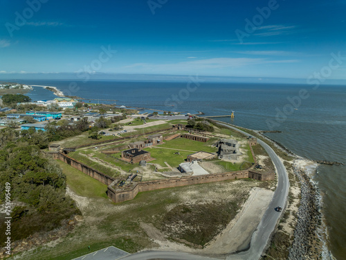 Aerial view of Fort Gaines, 19th century Endicott star shape brick military stronghold guarding the entrance to the Bay of Mobile Alabama