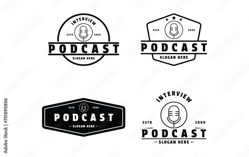 set of podcast interiew logo design vintage label and badge