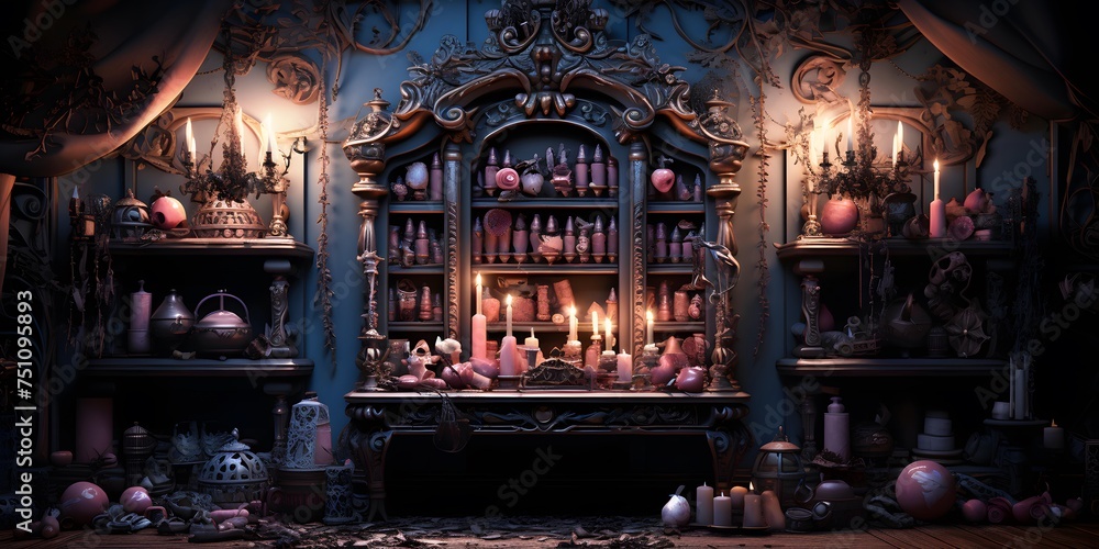 Interior of a medieval castle with candles. 3d render.