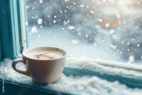 A cup of hot coffee by the window Hot drinks in winter and snow add warmth.