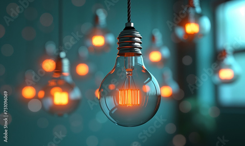 Luminous 3D Light Bulb Hanging Amongst Other Light Bulbs, Electric, Innovative, Light Turquoise and Light Gray 